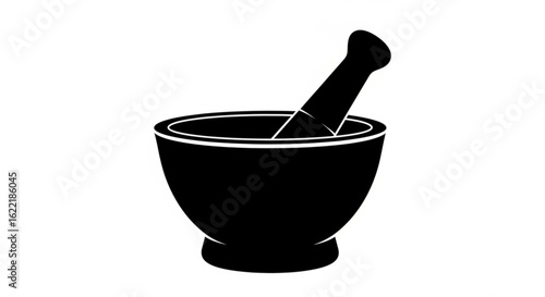 Black mortar and pestle isolated on white background for grinding herbs