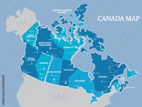 Canada Vector Map with Provinces, Territories, and City Labels
