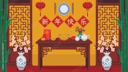 Traditional Chinese house exterior with ornate wooden carvings, curved tiled roof, red lanterns hanging, surrounded by lush garden, showcasing classical ancient architecture and cultural heritage.

