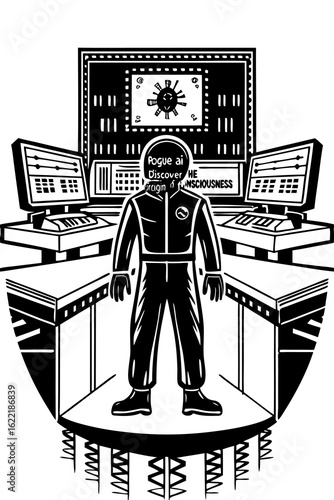 Rogue ai discover consciousness origin in digital space station with computer and monitor black and white art vector Illustration