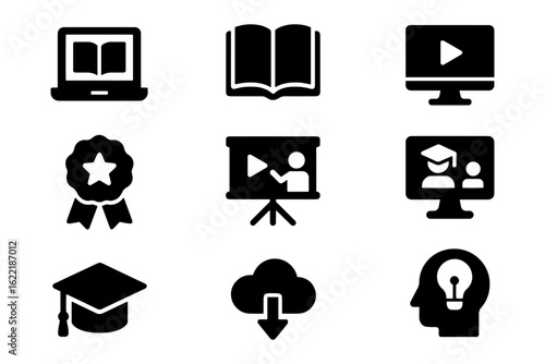 Collection of education and learning icons including a laptop, book, video player, graduation cap and award. Vector illustration.