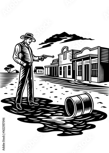 Wild west cowboy gunfight oil spill barrel town saloon vintage western illustration black and white art vector Illustration