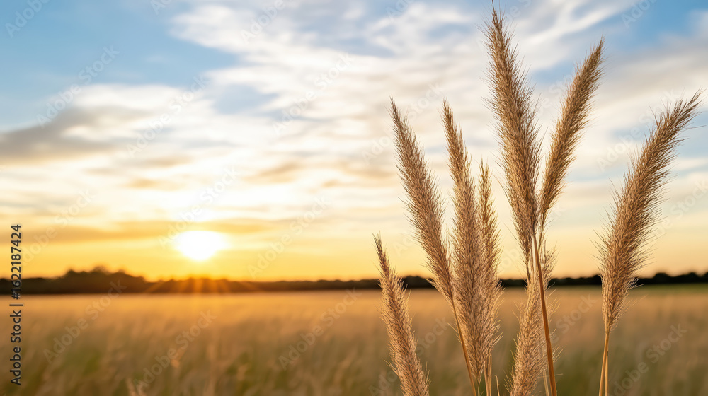 Fototapeta premium Golden hour sunlight illuminates tall wild grass in serene landscape