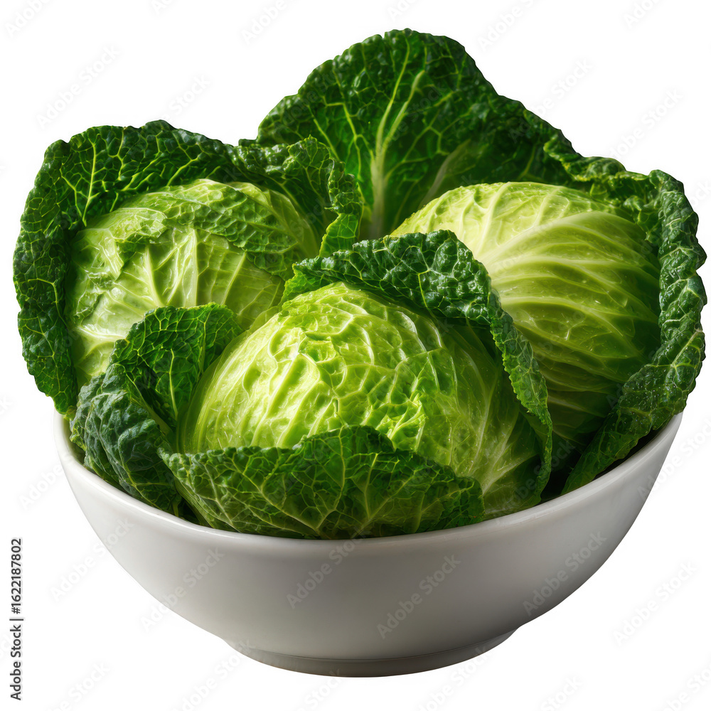 Fototapeta premium 3d fresh green cabbage heads in bowl isolated on transparent background