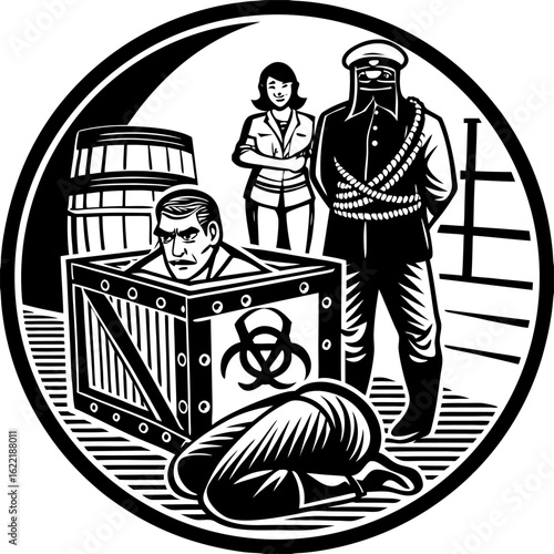 Biohazard containment security black and white vector illustration man in box kneeling guard woman barrel vector Illustration