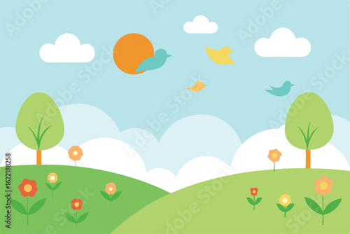 spring scene in watercolor   field  birds  and clo (1).eps