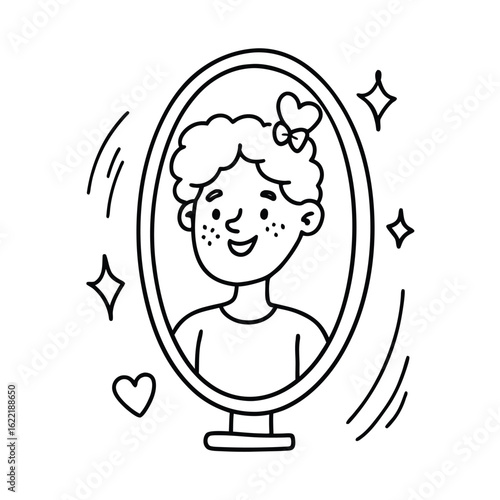 Line drawing of person smiling in mirror practicing self love vector line art on white background.