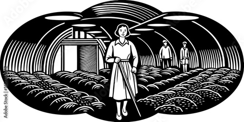 Illustration of greenhouse farming agriculture woman farmer crops cultivation harvest horticulture food production vector Illustration