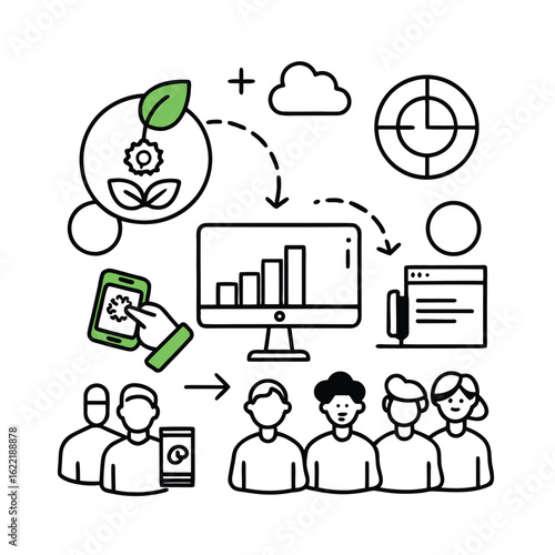 Line vector art of people attending sustainability workshop in community center vector line art on white background.