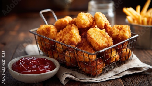 Crispy, golden-brown nuggets in a wire basket, alongside fries and ketchup