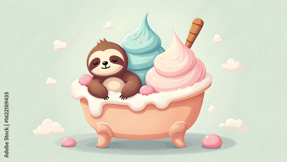 Fototapeta premium Relaxing Sloth in Pastel Ice Cream Bathtub