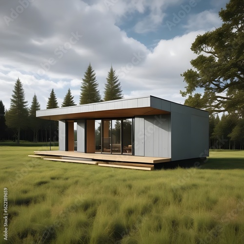 Modern cabin retreat nestled amidst nature's serene embrace and cloudy skies.