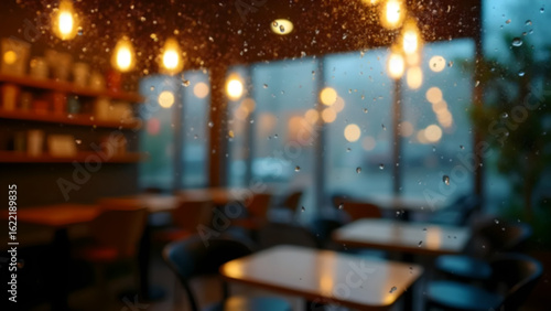 Wallpaper Mural Blurred view of a coffee shop viewed through a rainy window. Soft bokeh light from hanging lights inside, blurred shadows of tables and chairs, water drops on the glass in the foreground. Torontodigital.ca