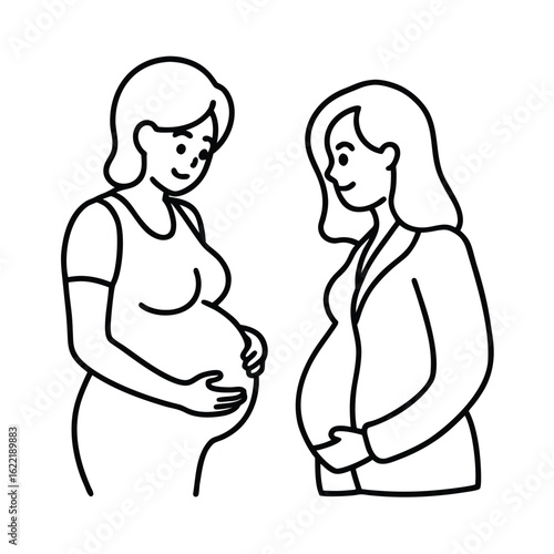 Minimal line drawing of pregnant woman receiving prenatal care vector line art on white background.