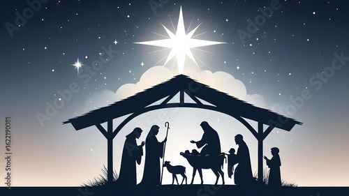 Christmas Birth Illustration – Manger, Bright Star, and Peaceful Stable Setting
