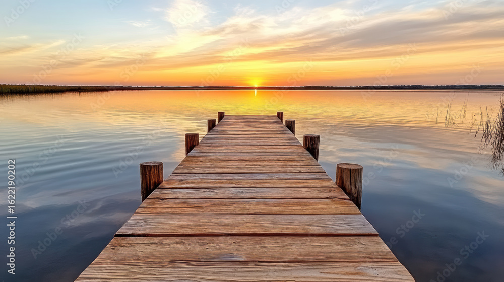Fototapeta premium Sunset over calm river with wooden dock reflecting vibrant colors