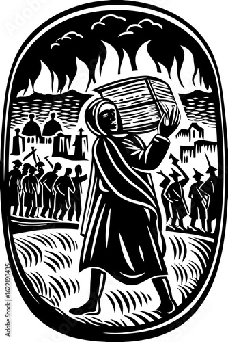 Woman carrying books from burning city woodcut illustration black and white art vector image design graphic vector Illustration