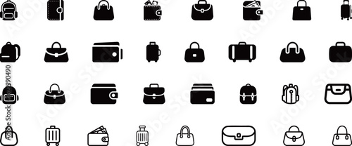 A comprehensive and varied collection of bag and wallet icons, representing the diverse world of luggage, fashion accessories, and personal storage items, presented in both solid and outline styles.