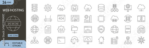 Web Hosting icons set. Includes icons for server, domain, cloud, bandwidth, uptime, IP address, DNS, SSL, database, cPanel, and storage. Editable stroke. Line icons. Perfect for infographics .