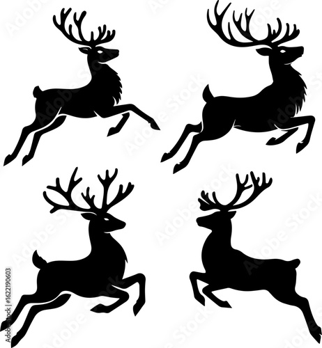 Dynamic Reindeer Silhouette Set in Mid-Leap ? Black Vector Illustration on White Background for Holiday and Winter Designs.eps
