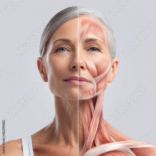 female upper body and face showing the effects of aging and fat loss left side