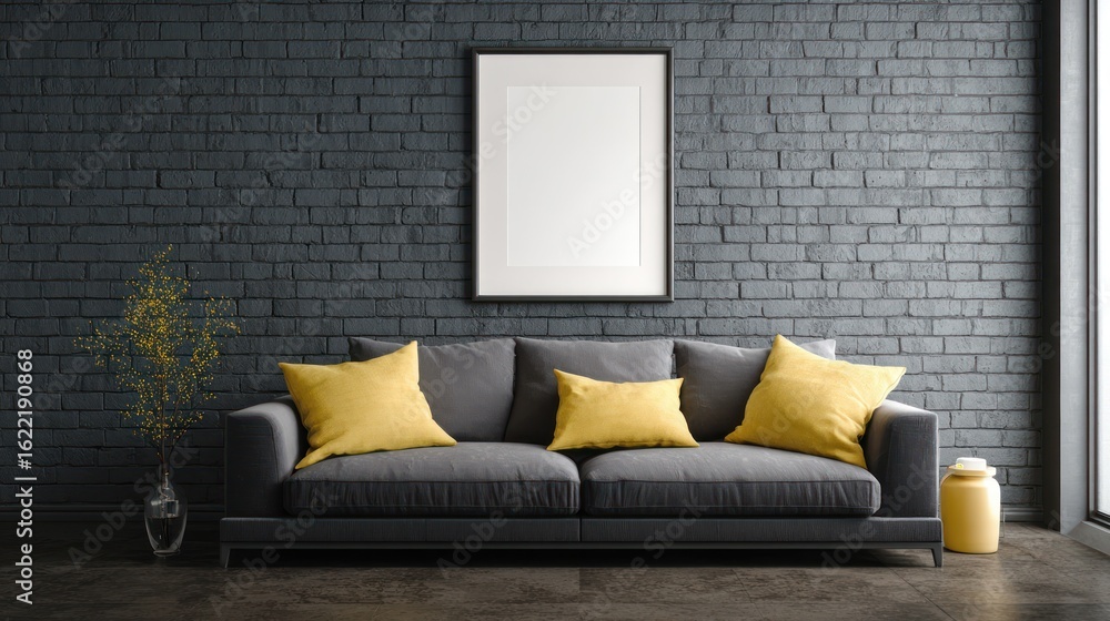 Naklejka premium Gray sofa with yellow pillows sits before a textured black brick wall and framed art