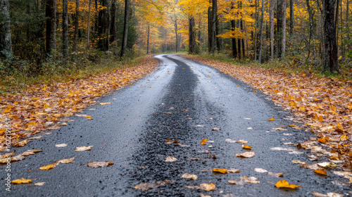 Winding road through tranquil forest  lined with vibrant autumn leaves  creates serene