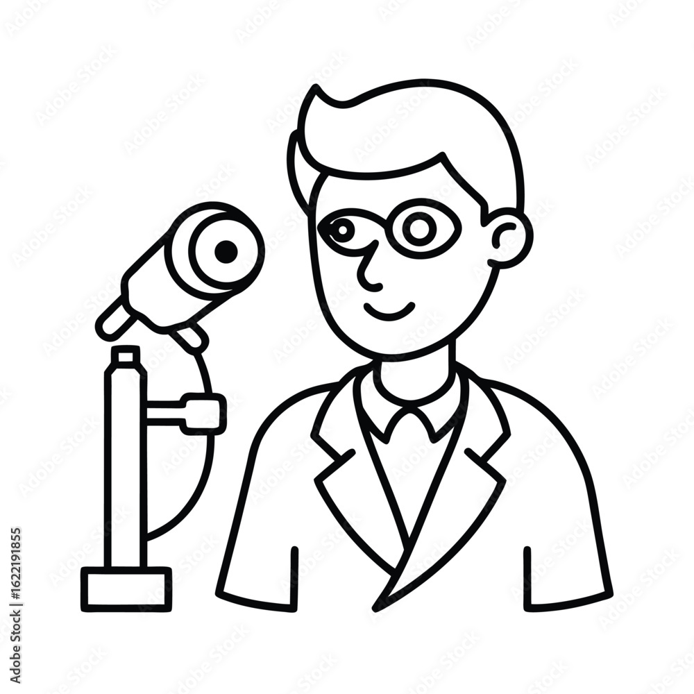 Vector line drawing of eye specialist examining vision chart vector line art on white background. Vector line drawing of eye specialist examining vision chart vector line art on white background.