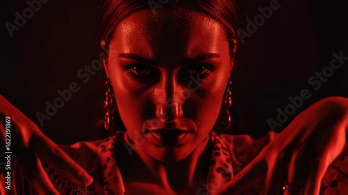 Intense female flamenco dancer with hands crossed in front of her face under dramatic red light