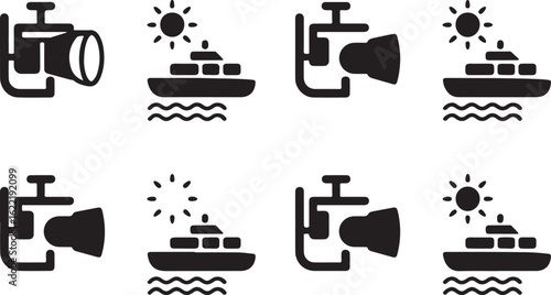 Ship Spotlight and Sun Icons Set