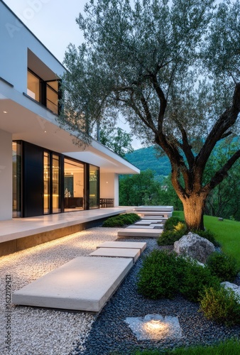 Modern home exterior with landscaped patio.  Evening light illuminates a contemporary house with a paved terrace and zen garden design