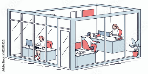 Office workplace design with glass walls and people working on computers in a modern office space area vector Illustration
