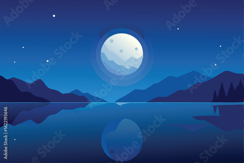 full moon reflecting on a still lake under a starr.eps