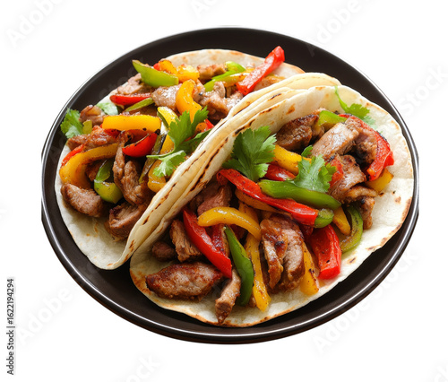 Delicious grilled steak fajitas served on warm tortillas with colorful bell peppers and herbs transparent background