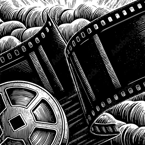 Film reel movie cinema filmstrip entertainment industry motion picture filmmaking black and white art drawing vector Illustration