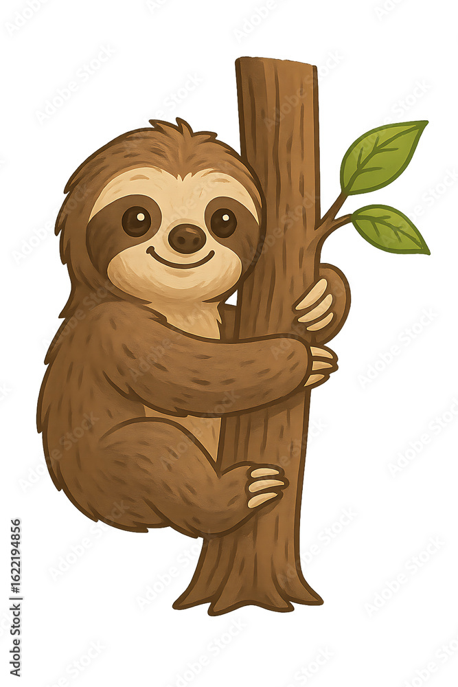 Obraz premium Isolate Transparent Earth Day Sloth Saving the Forest Cute Sloth Character Climbing Tree With Green Leaves Illustration PNG Die-Cut For Advertising