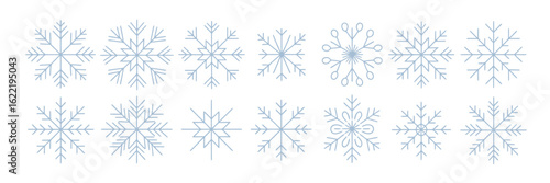 Wintertime snowflake vector set featuring unique shapes and ornamental designs, flat style blue flakes symbolizing frozen water, perfect for seasonal, holiday, or weather-themed decorative projects.


