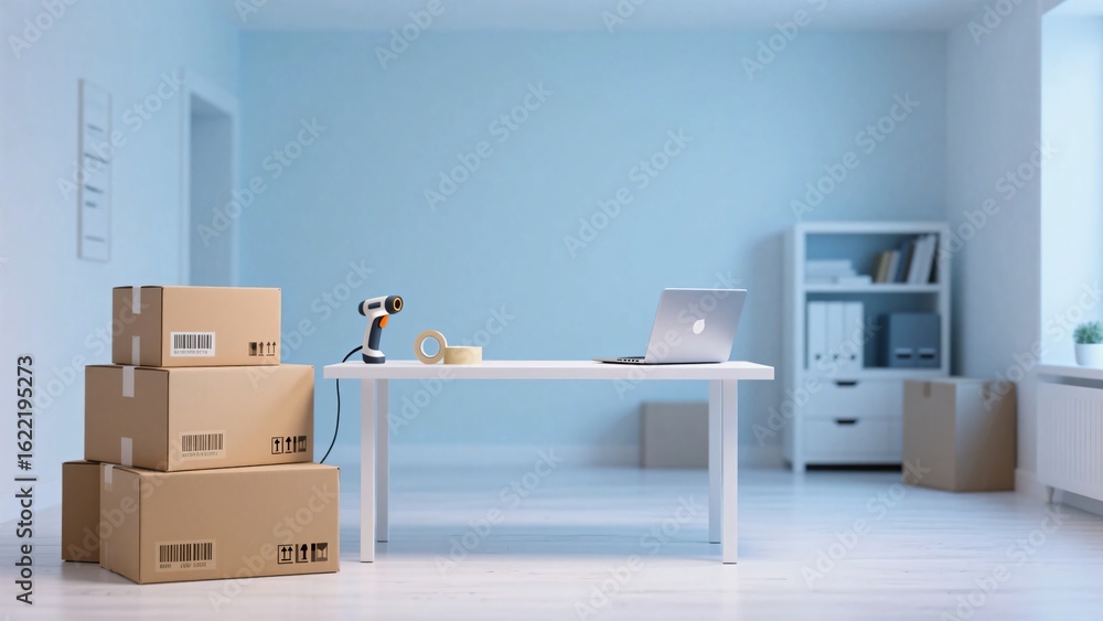 Fototapeta premium Inventory and dispatch office backdrop featuring barcode scanner and parcels