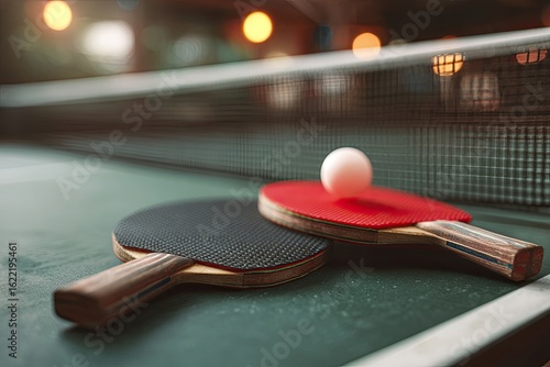 Ping pong paddles and ball on a green table.  Blurred background