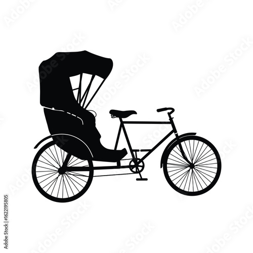 Black silhouette of a classic rickshaw pedicab or trishaw bicycle