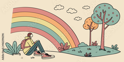 Rainbow nature landscape with backpacker trees and clouds outdoor scene vector illustration art vector Illustration