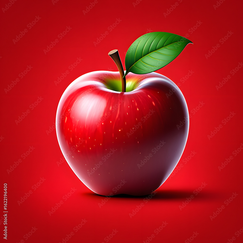 Obraz premium Glossy Red Apple with Leaf on Red Background