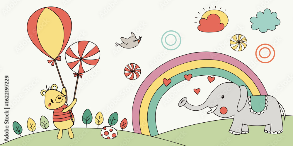 Obraz premium Illustration of elephant bear rainbow sun cloud balloon candy bird hearts and trees vector art design vector Illustration