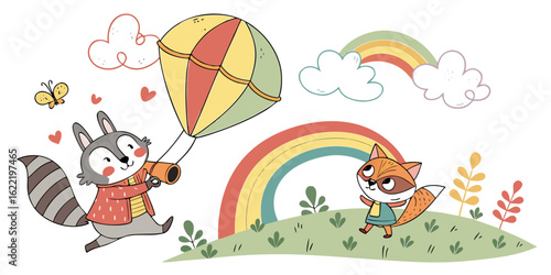 Cute raccoon fox illustration parachute rainbow clouds hearts cartoon animal vector art graphic design for kids vector Illustration
