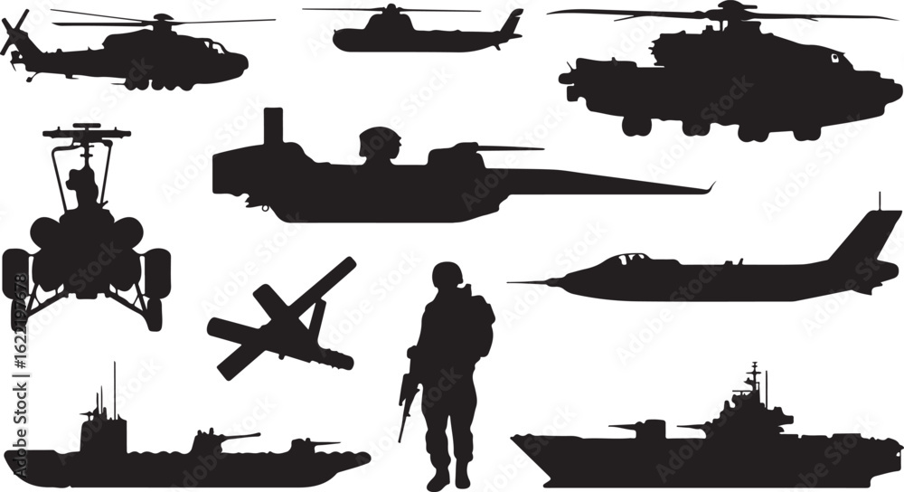 Fototapeta premium Vector military silhouettes set