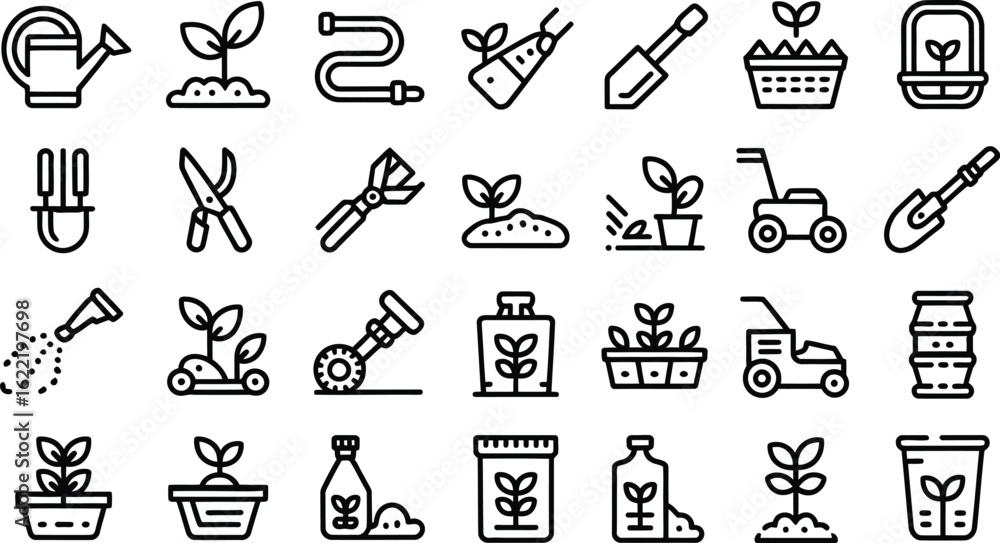 Naklejka premium Gardening icons showcase planting, watering, and lawn care essentials for a vibrant garden