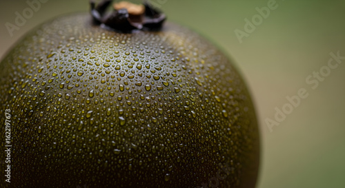 Close up of a khaki persimmon fruit glistening with fresh water droplets showing its texture