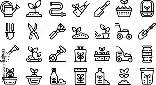 Gardening icons showcase planting, watering, and lawn care essentials for a vibrant garden