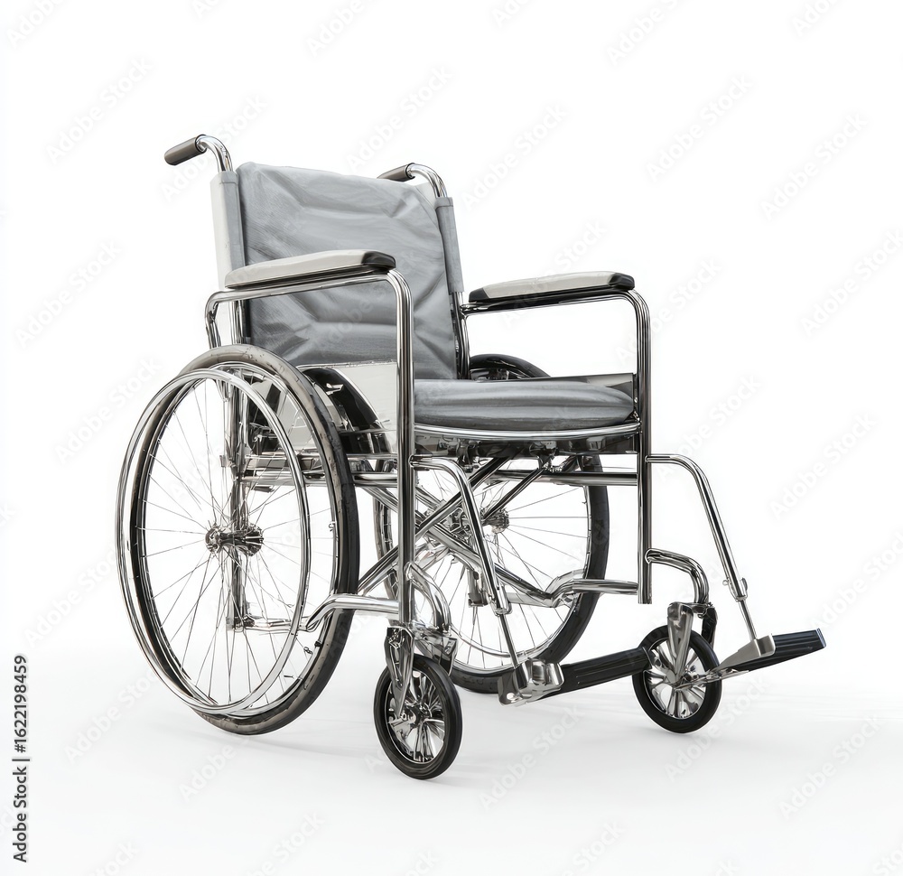 Fototapeta premium Gray wheelchair, chrome metal frame, isolated white background