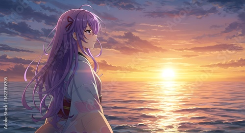 Sunset Reverie: Digital Art, Purple Hair, Ocean View